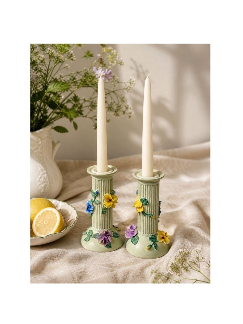 Vintage Floral Candlestick Holders Pair, Cottagecore Candle Holders, Ceramic Pan